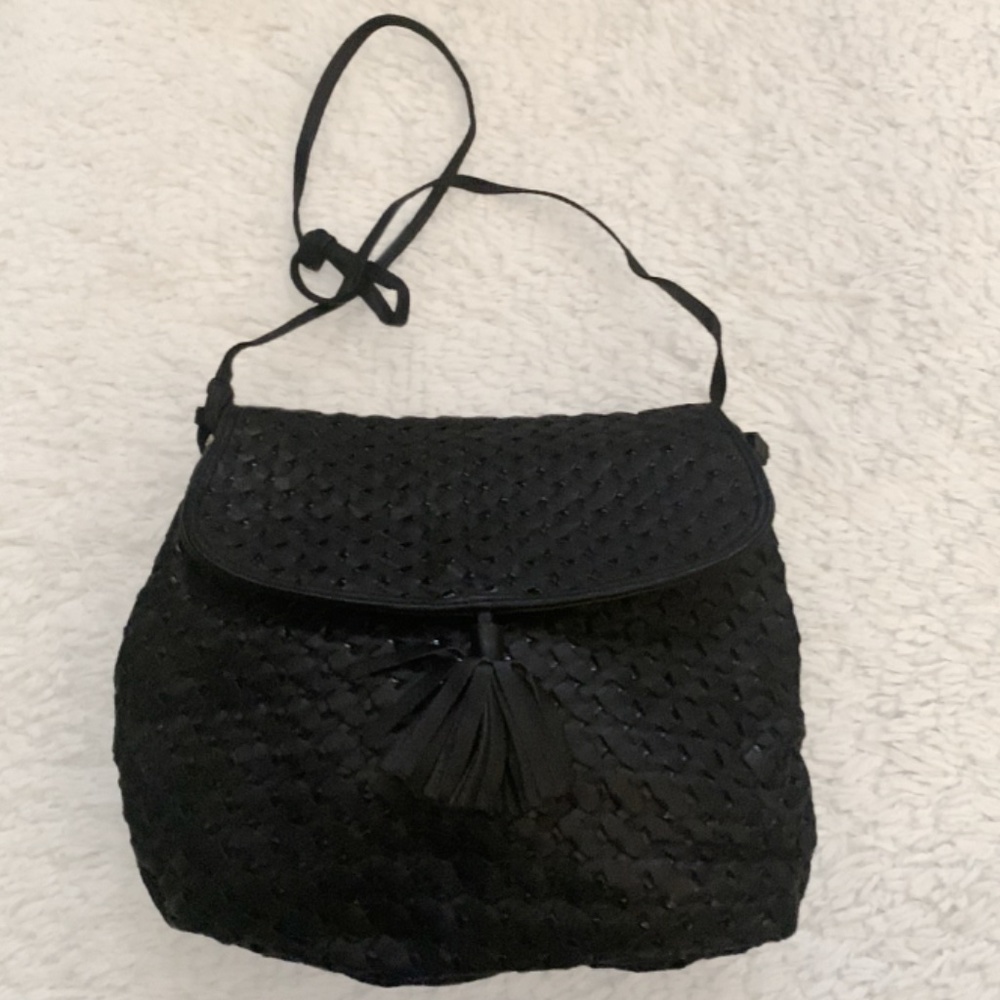 VINTAGE 80s Black Woven Leather Tassel Crossbody Bag